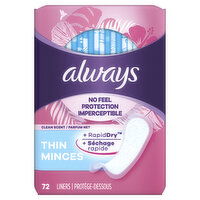 Always - No Feel Protection Panty LIners - Thin, Clean Scent, 72 Each