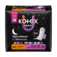 Kotex - Night Defense Overnight, Pads + Wings, 26 Each