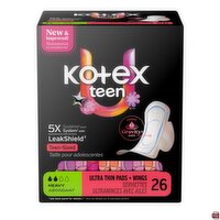 Kotex - Teen Heavy, Ultra Thin Pads + Wings, 26 Each