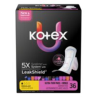 Kotex - 5X LeakShield, Utra Thin Pads + Wings, Regular, 36 Each
