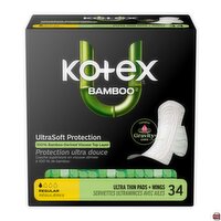 Kotex - Bamboo, Regular, Ultra Thin Pads + Wings, 34 Each