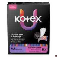 Kotex - Extra Coverage, Daily Wrapped Liners,  Light Flow & Discharge, 68 Each