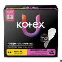 Kotex - Regular, Daily Unwrapped Liners, Absorbent Flat, 120 Each