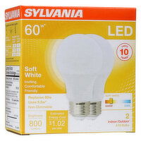 Sylvania - LED Soft White 60W Non-Dimmable Light bulbs, 2 Each