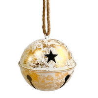 Decoration - Metal Jingle Bell, Gold/White, 6.5in, 1 Each