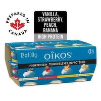 OIKOS - Greek Yogurt Assorted - Vanilla/Strawberry/Peach/ Banana, 12 Each