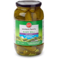 Western Family - Baby Dill Pickles with Garlic - 50% Less Sodium, 1 Litre