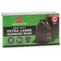 Western Family - Garbage Bags Heavy Duty Tie Flaps Black 135L, 20 Each