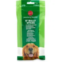 Western Family - Dog Treats - Natural 6" Bully Chew Sticks, 3 Each