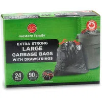 Western Family - Extra Strong Large Black Garbage with Drawstring Bags 74L, 24 Each