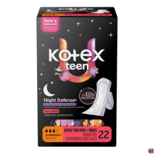 Kotex - Teen Night Defense Overnight, Ultra Thin Pads + Wings