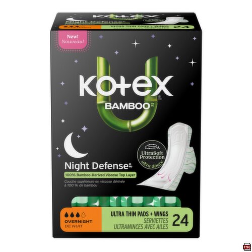 Kotex - Bamboo Night Defense Overnight, Ultra Thin Pads + Wings
