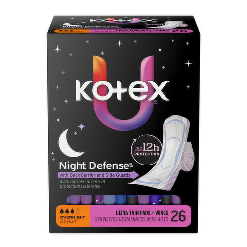 Kotex - Night Defense Overnight, Ultra Thin Pads + Wings