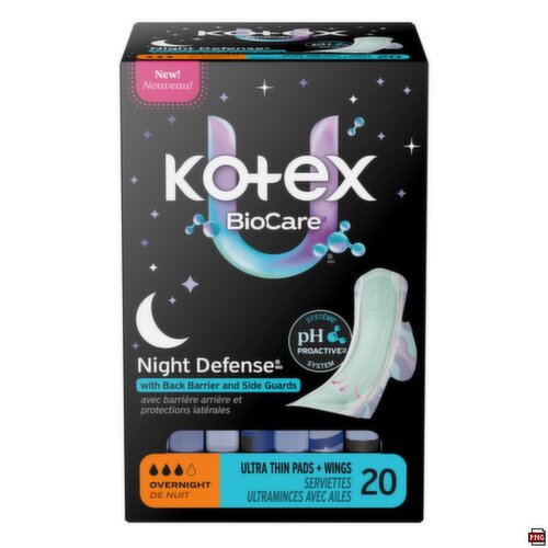 Kotex - BioCare Night Defense Overnight, Ultra Thin Pads + Wings