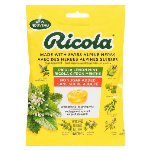 Ricola - Cough Suppressant Throat Lozenges - Lemon Mint - No Sugar Added