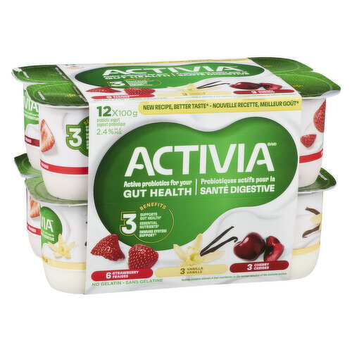 Activia - Probiotic Yogurt 2.4% M.F. - Strawberry, Cherry, Vanilla Flavours, 100 Gram