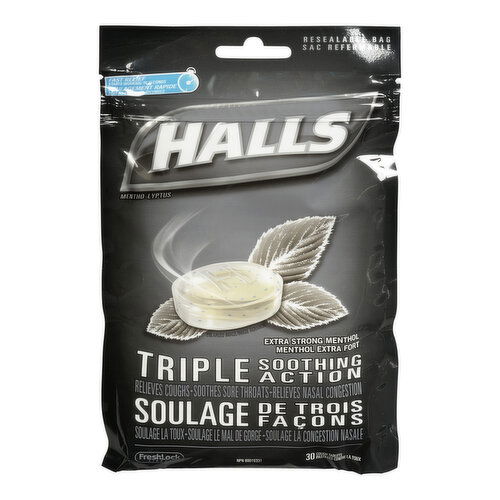 Halls - Triple Soothing Action Cough Drops - Extra Strong Menthol, 30 Pack