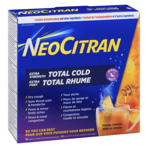 NeoCitran - Extra Strength Total Cold Night Honey Lemon, 10 Single Dose