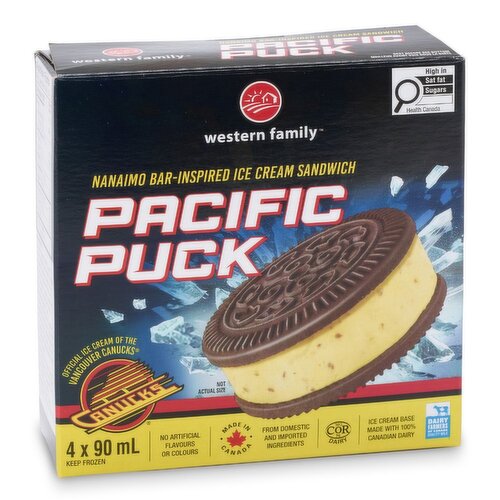 Western Family - Canucks Pacific Puck Ice Cream Sandwich, 4 Pack