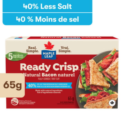 Maple Leaf - Ready Crisp Natural Bacon Slices, Fully Cooked 40% Less Salt