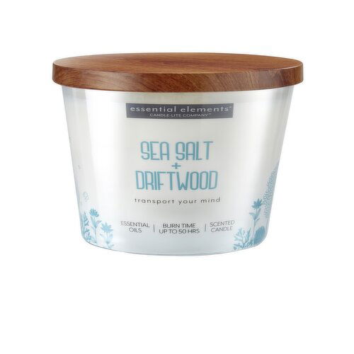 Candle Lite - Essential Elements Sea Salt + Driftwood Jar Candle 9oz with wooden lid