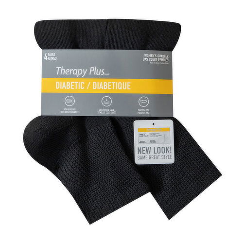 Therapy Plus - Women's Non binding Quarter Socks, Black Size 6-10, 4 Pairs