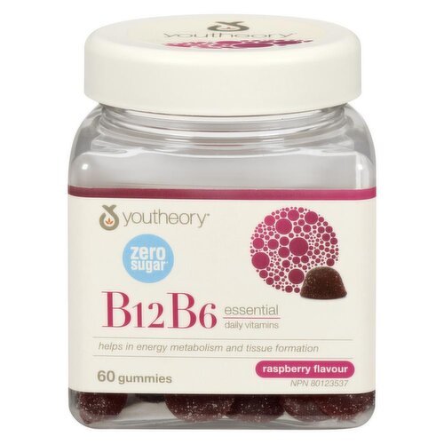 Youtheory - Zero Sugar B12B6 Essential Daily Vitamin Gummies, Raspberry Flavor