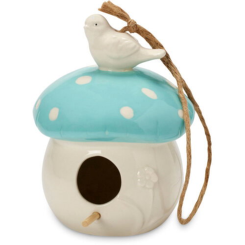 Blue - Top Stoneware Mushroom Birdhouse W/Bird