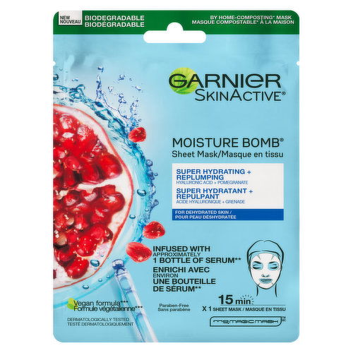 Garnier - SkinActive Moisture Bomb Sheet Mask, Hyaluronic Acid + Pomegranate